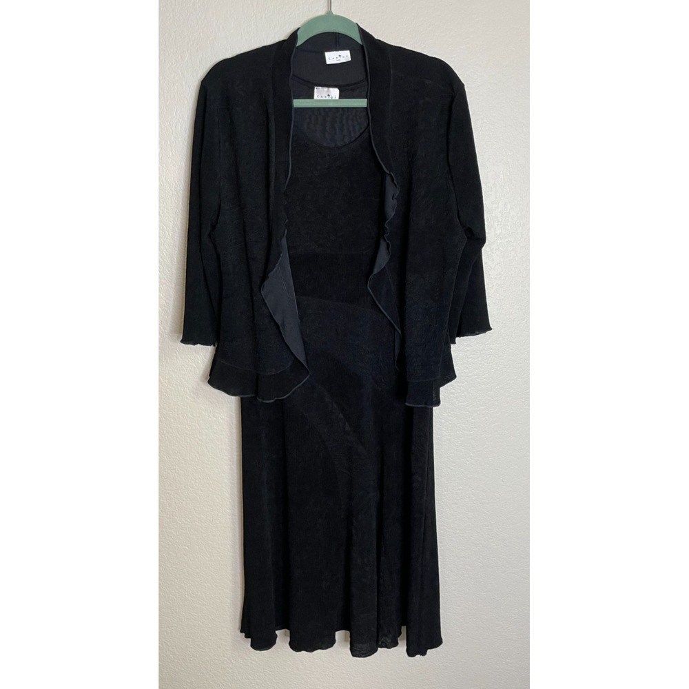 Caribe Womens L Dress Set Black Textured Floral Jacquard Cardigan 2 Piece Event